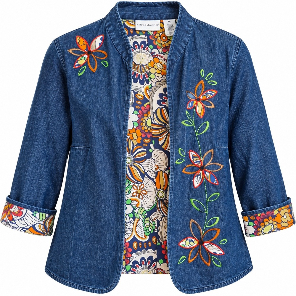 Alfred Dunner Womens 16W Denim Floral Embroidered Open Front Jacket Blue